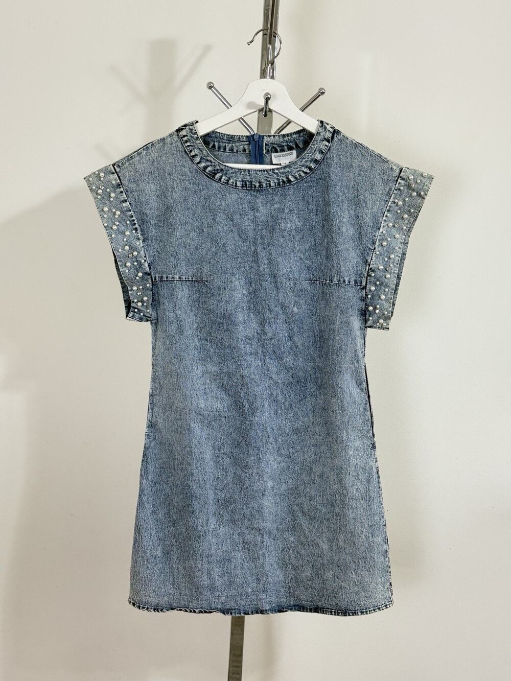 Vintage LALA FACTORY Acid Wash Pearl Beaded Sleeve Denim Mini Shift Dress Size S